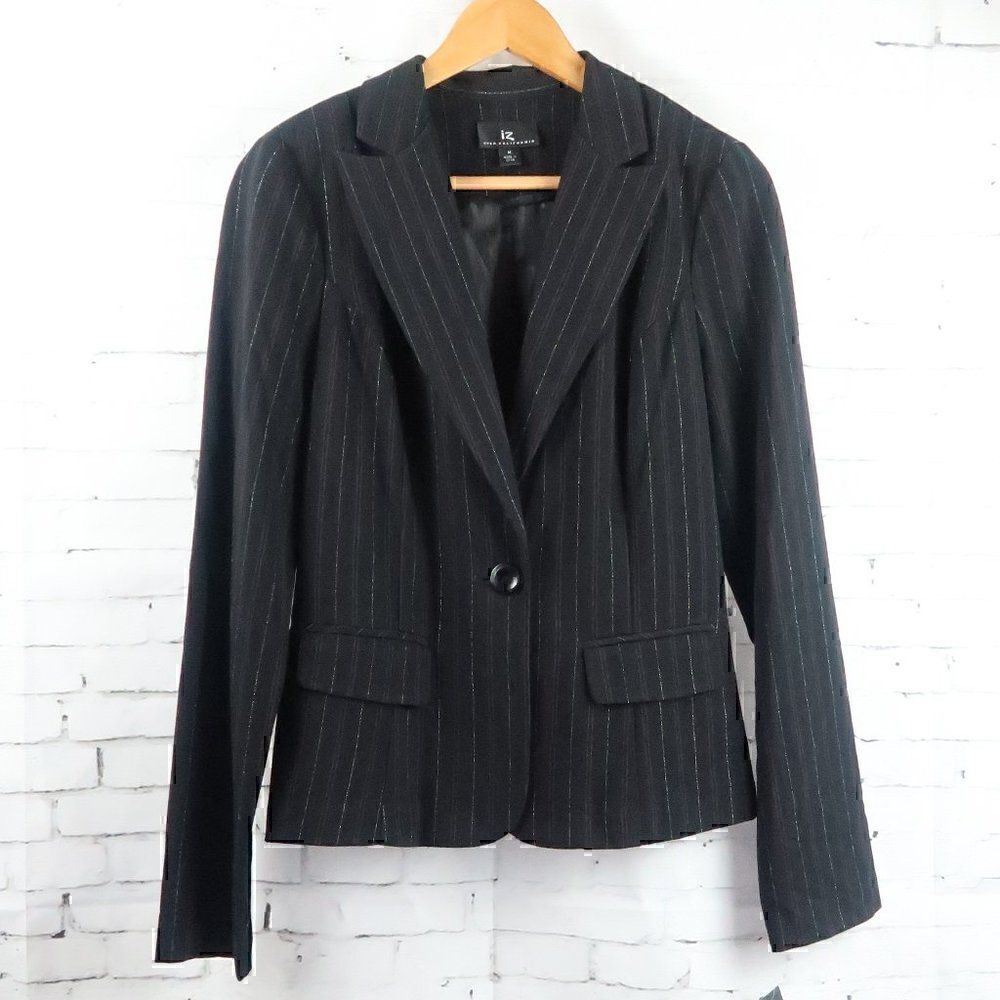 IZ BYER CALIFORNIA BLACK WITH SILVER & PINK PIN STRIPES JACKET BLAZER SIZE MED